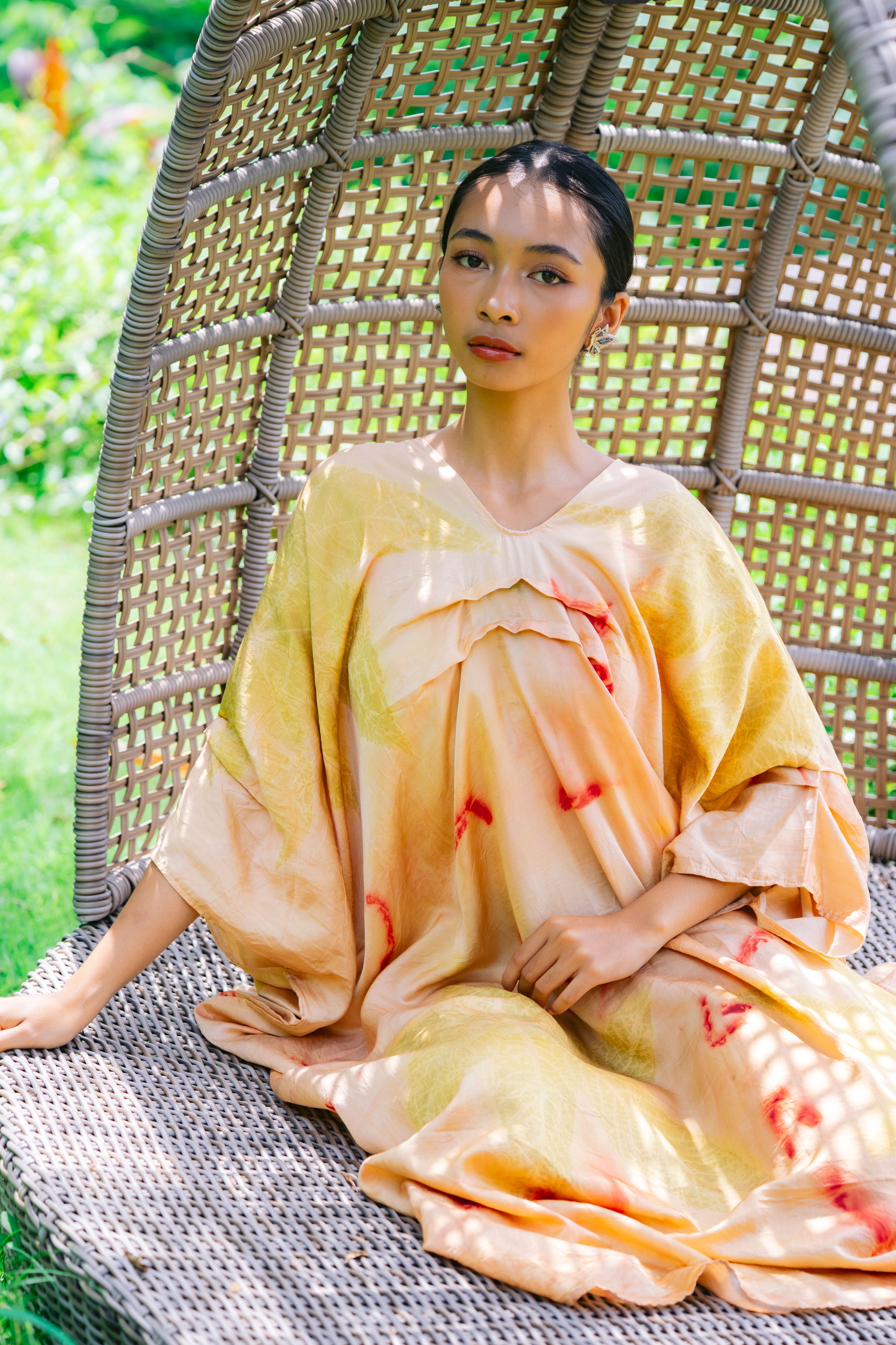 The Parvati – Yellow, Pink, Red & Green Cotton Silk Eco Print Dress